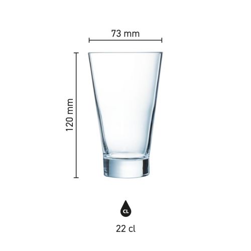 Infographic toont de precieze afmetingen van het Shetland 22 cl. glas in millimeters.