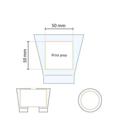 Drukgebied van het Shetland 25 cl. glas weergegeven in een technische werktekening.