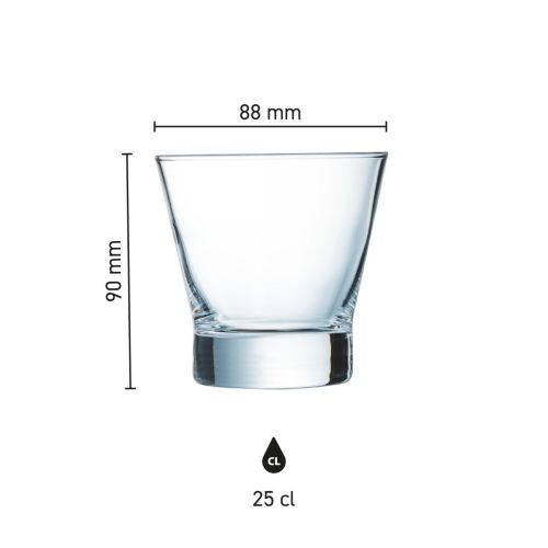 Grafische weergave toont hoogte en diameter van het Shetland 25 cl. glas in detail.