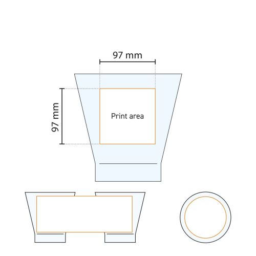 Drukgebied op het Shetland 32 cl. glas weergegeven in een technische werktekening.