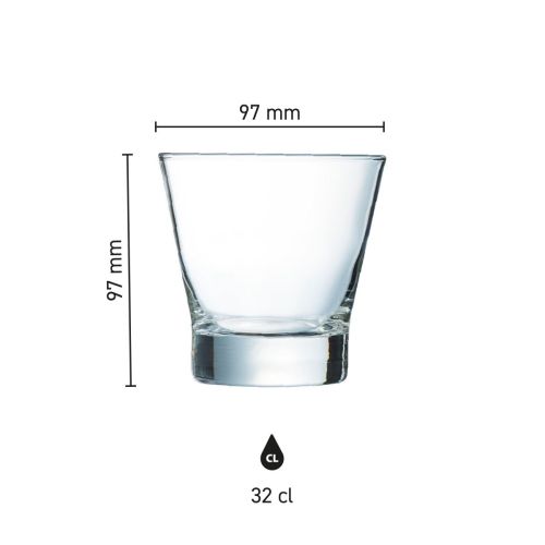 Infographic toont de afmetingen van het Shetland 32 cl. glas in millimeters.