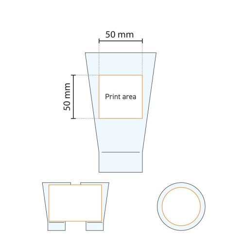 Drukgebied van het Shetland 35 cl. glas aangegeven op een technische werktekening.