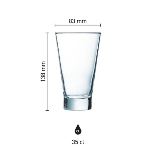Infographic toont de exacte afmetingen van het Shetland 35 cl. glas in millimeters.