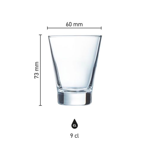Infographic toont de exacte afmetingen van het Shetland 9 cl. glas in millimeters.