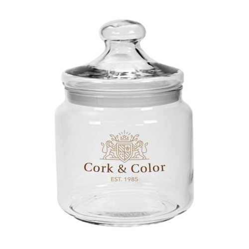 Transparante glazen pot met 1,5 liter inhoud, voorzien van een kleurrijk gedrukt CorkColor-logo.