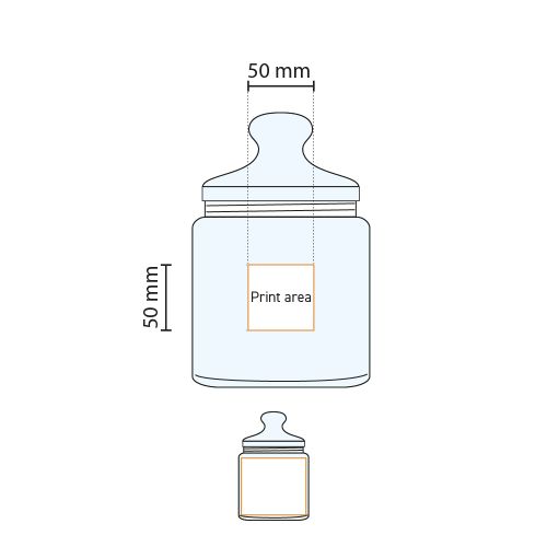 Technische tekening toont drukgebied voor logo op Big Club snoeppot 2,0 liter van gla