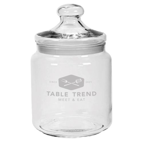 Gegraveerd TableTrend-logo op voorzijde van glazen snoeppot Big Club 2,0 liter.