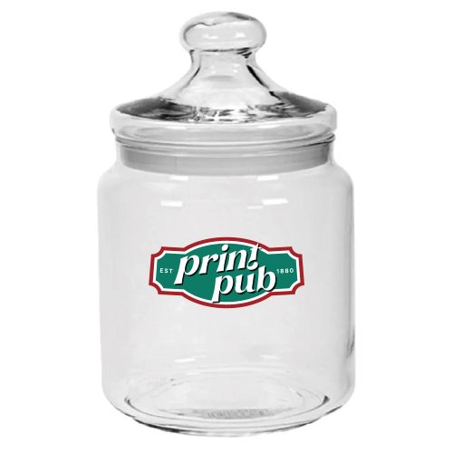 Glazen Big Club snoeppot 2,0 liter met meerkleurig PrintPub-logo aan de voorzijde.