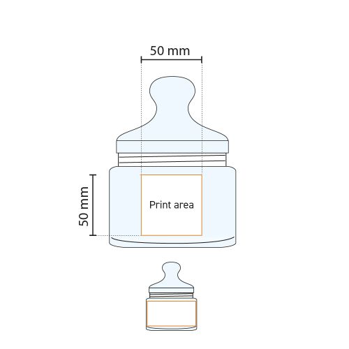 Technische werktekening met gemarkeerd drukvlak op Club snoeppot 0,50 liter van glas.