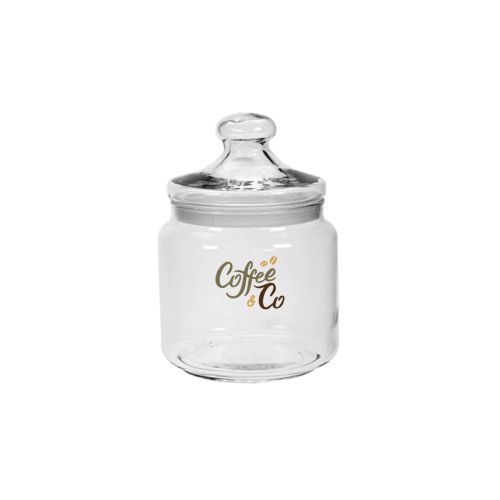 Transparante snoeppot van 0,5 liter met meerkleurig CoffeeCo-logo op het vooraanzicht.