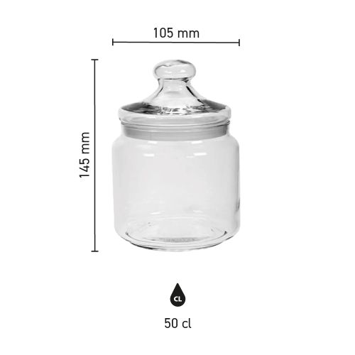 Infographic met afmetingen van glazen Club snoeppot 0,50 liter toont hoogte en diameter.