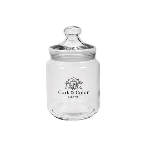Transparante glazen snoeppot van 0,75 liter met gekleurd CorkColor-logo op het vooraanzicht.