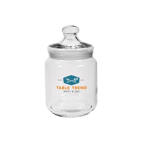 Glazen snoeppot van 0,5 liter met transparante wand en meerkleurig CoffeeCo-logo op de voorkant.