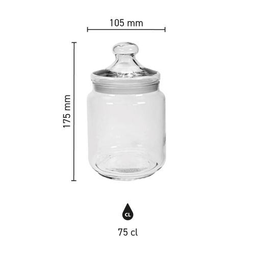 Infographic toont afmetingen en inhoud van glazen snoeppot Club 0,75 liter.