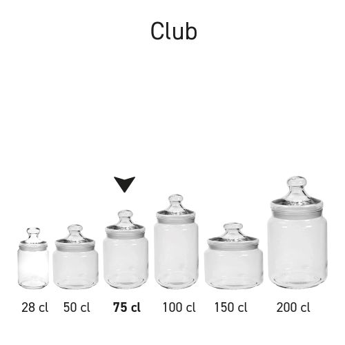 Seriebeeld van verschillende glazen Club snoeppotten als onderdeel van een reeks.