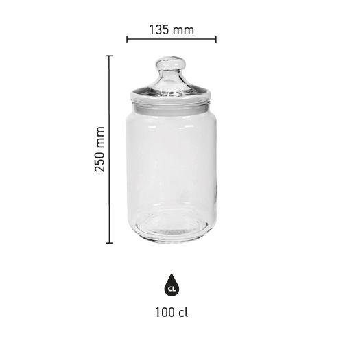 Infographic toont afmetingen en vorm van glazen snoeppot Club 1,00 liter in detail.