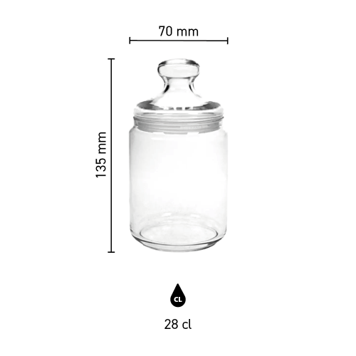 Infographic toont hoogte en diameter van glazen snoeppot Club smal 0,28 liter.