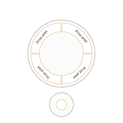 Technische werktekening van drukgebied op wit soepbord Hotel porselein met diameter 23 cm.