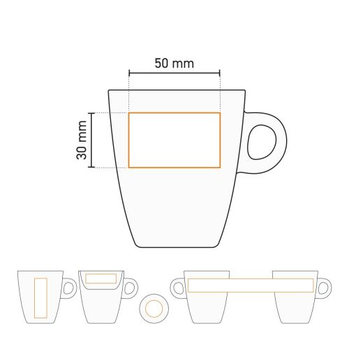 Werktekening met drukgebied van Sonja mok 18 cl porselein voor logoplaatsing en bedrukking.