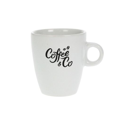 Sonja mok van 18 cl in porselein met CoffeeCo-logo, bedrukt met krasvaste techniek.