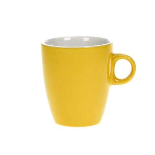 Geel-witte Sonja mok van 18 cl in porselein, met gladde binnenzijde en hittebestendig materiaal.