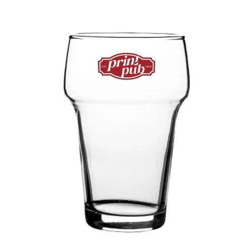 PrintPub-logo in éénkleurige opdruk zichtbaar op de voorkant van het Stapelglas Groot 28 cl.