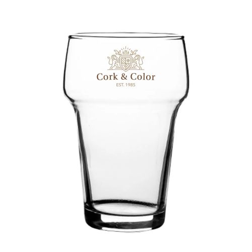 Stapelglas Groot 28 cl. met meerkleurig CorkColor-logo op het vooraanzicht van het glas.