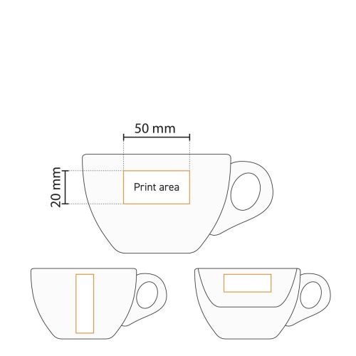 Technische werktekening van porseleinen cappuccinoset 19 cl met gemarkeerd drukgebied.