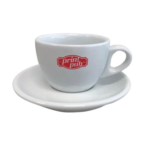 Vooraanzicht van witte cappuccinoset van 19 cl porselein met logo in één kleur van PrintPub.