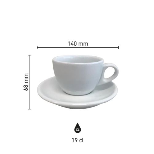 Infographic met afmetingen van Style Cappuccino 19 cl SET porselein, inclusief diameter en hoogte.