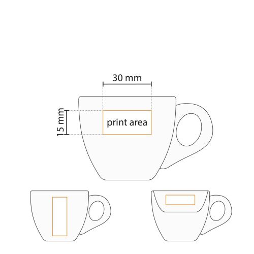 Technische werktekening van 7 cl. porseleinen espressoset met aanduiding drukgebied.