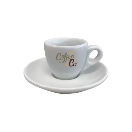 Meerkleurig CoffeeCo-logo op de voorzijde van het porseleinen espressokopje 7 cl.