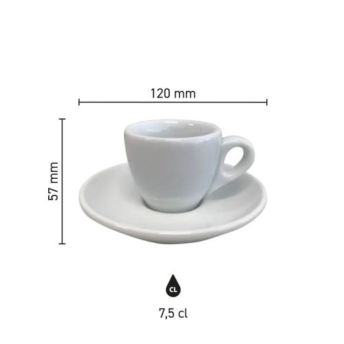 Infographic toont diameter en hoogte van porseleinen espresso set 7 cl.