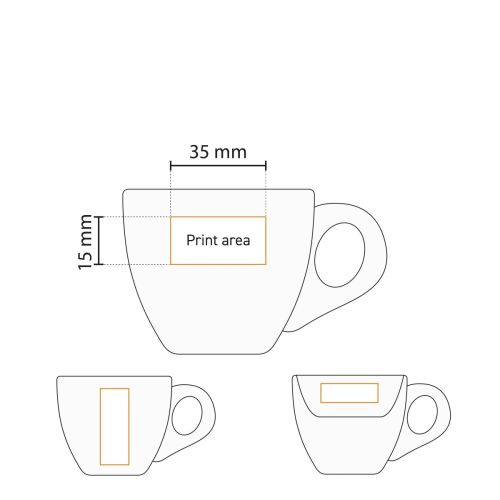 Drukgebied op kopje 7 cl porselein gemarkeerd in werktekening voor logo-plaatsing.