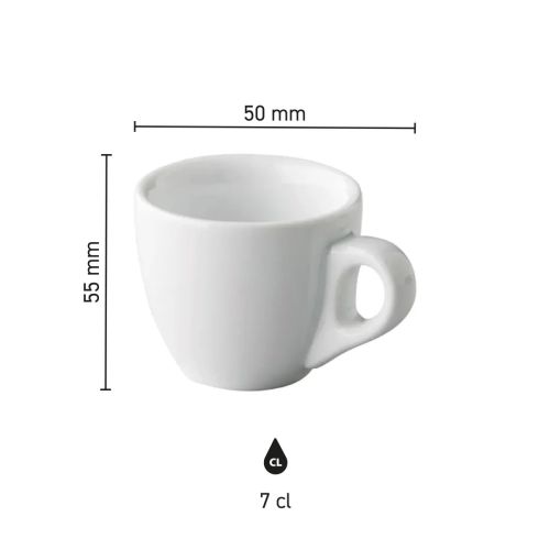 Infographic met hoogte en diameter van porseleinen espressokop 7 cl.