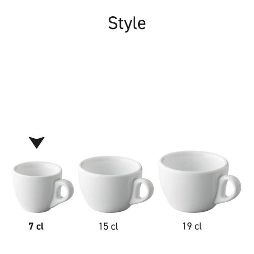 Serieoverzicht van Style Espresso koppen in wit porselein, naast elkaar gepresenteerd.