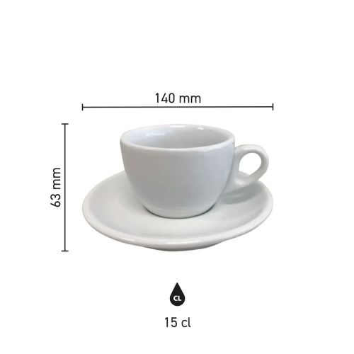 Infographic met afmetingen van porseleinen koffiekop en schotel, 15 cl. inhoud.