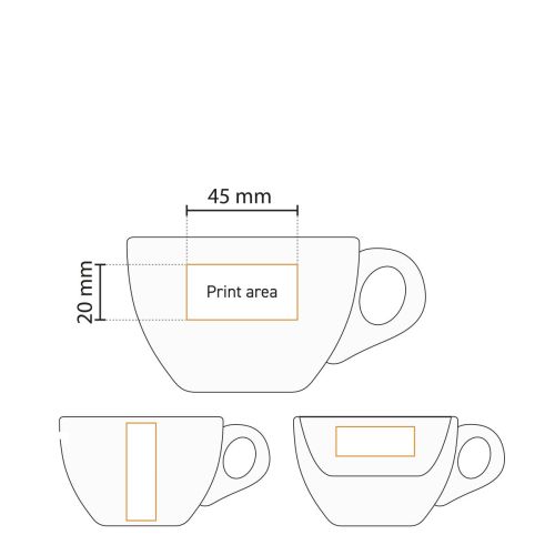 Technische werktekening toont het drukgebied op porseleinen koffiekop 15 cl.