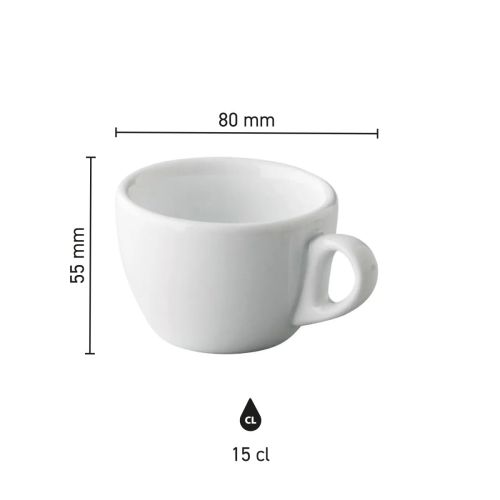 Infographic met productafmetingen van Style Koffie kop 15 cl. in porselein.