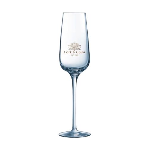 Sublym champagneglas 21 cl. met full-colour logo-opdruk van CorkColor op de voorzijde van het glas.