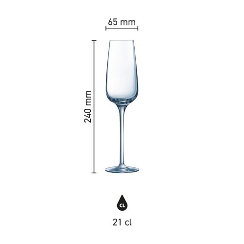 Infographic met productafmetingen van het Sublym champagneglas 21 cl, inclusief hoogte en diameter.