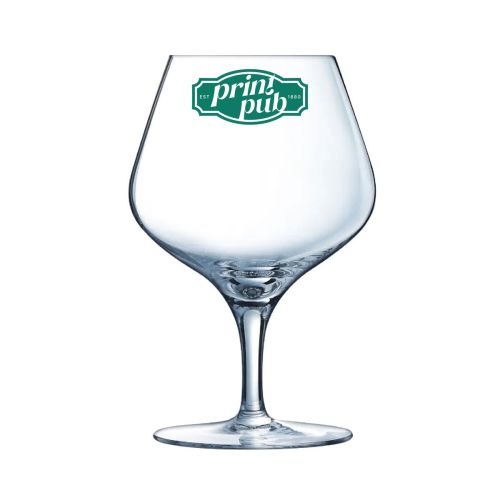 Sublym cognacglas 35 cl. met eenkleurige PrintPub-logo-opdruk op de voorzijde van het glas.