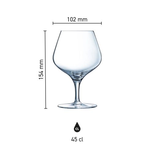 Infographic met productafmetingen van het Sublym cognacglas 35 cl. inclusief kelk en voet.
