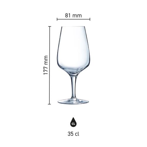 Infographic met maatvoering van het Sublym Multi Use glas 35 cl. inclusief hoogte en diameter.