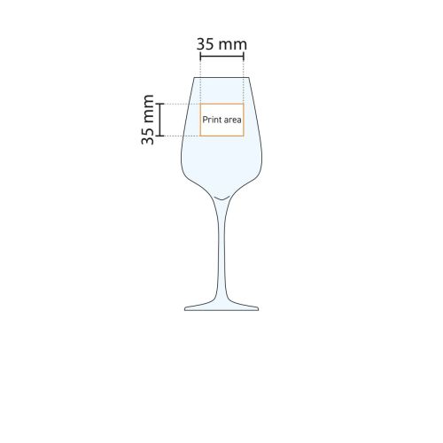 Technische werktekening van het Sublym wijnglas 25 cl. met markering van het drukgebied.