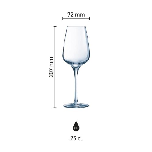 Infographic met productafmetingen van het Sublym wijnglas 25 cl. met hoogte en diameter.