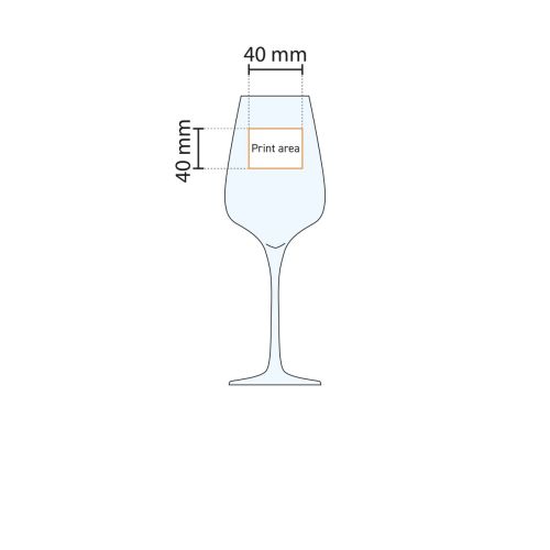 Technische werktekening van het Sublym wijnglas 35 cl. met markering van het beschikbare drukgebied.