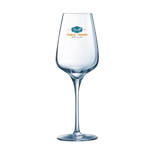 Sublym wijnglas 35 cl. met gegraveerd CorkColor-logo op de voorzijde van het glasoppervlak.