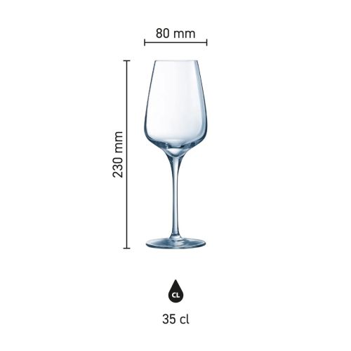 Infographic met de exacte afmetingen van het Sublym wijnglas 35 cl. inclusief kelk en voet.