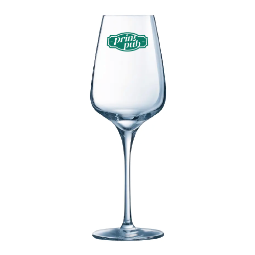 Sublym wijnglas 45 cl. met eenkleurig PrintPub-logo op de voorzijde van het transparante glas.